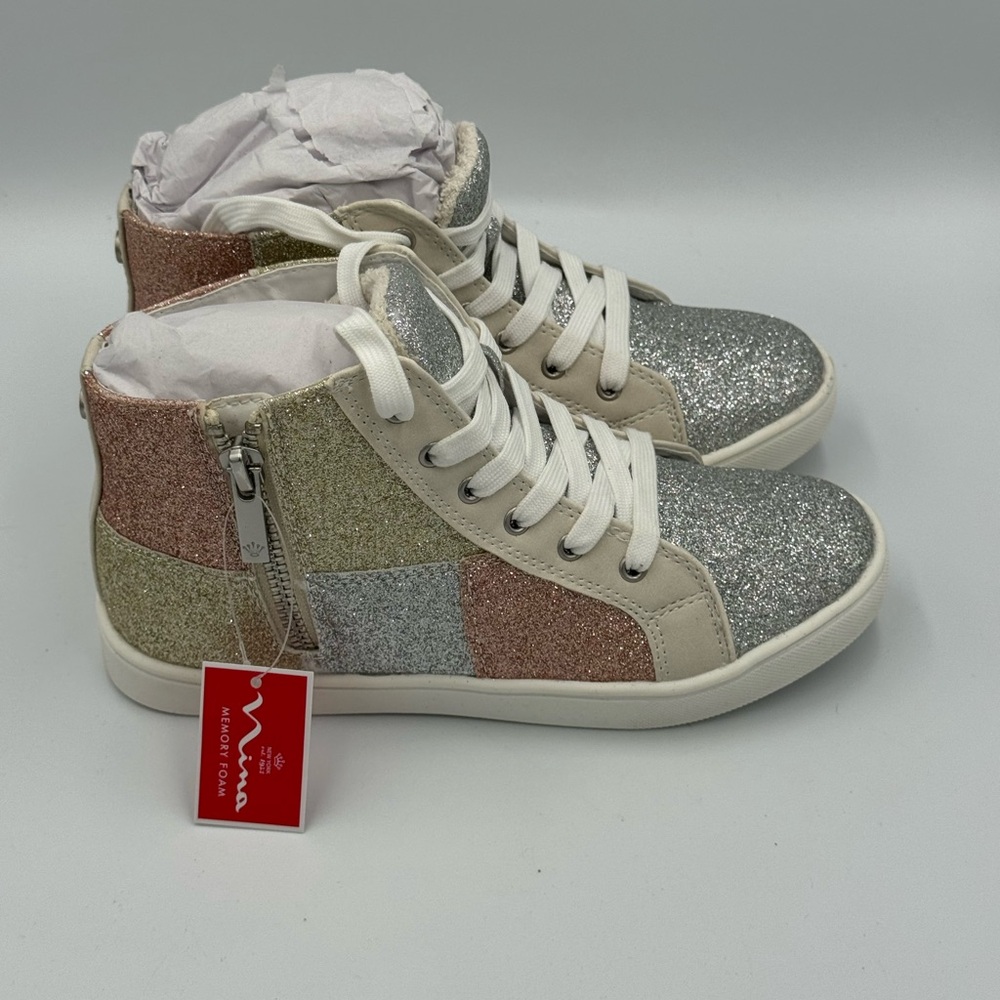Nina Kids Size 2 Metallic Glitter High-Top Sneakers Side Zip New